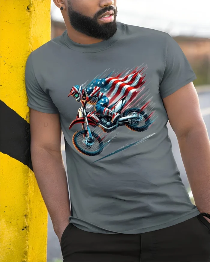 American MX Rider T-Shirt Dirt Bike Flag Tee - model in grey shirt leaning against column