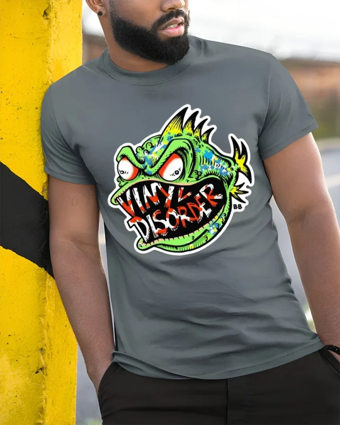 Vinyl Disorder Fish Funny Angry Fish T-Shirt - model in grey shirt leaning against column