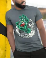 Santa Cruz Hand Iconic Skate T-Shirt Now - model in grey shirt leaning against column