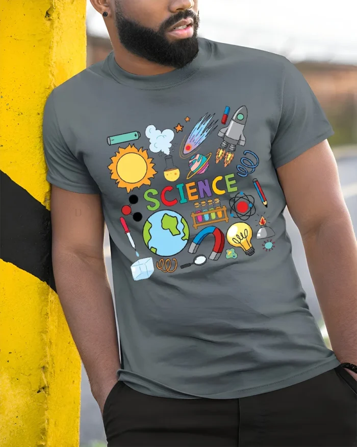 Science Fun Cool STEM Learning T-Shirt Gift - model in grey shirt leaning against column