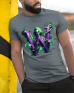 Mysterious W Joker Unique Villain Letter Shirt - model in grey shirt leaning against column