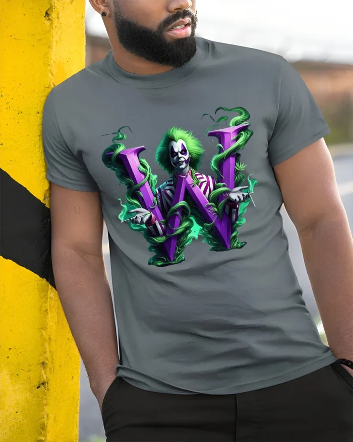 Mysterious W Joker  Unique Villain Letter Shirt - model in grey shirt leaning against column