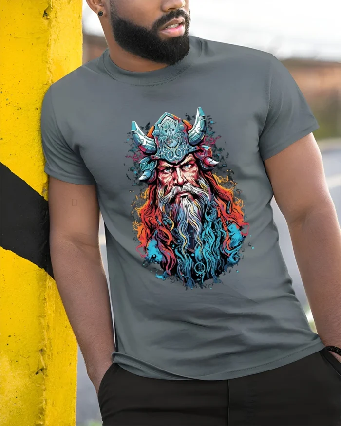 Viking Warrior Colorful Norse Mythology T-Shirt - model in grey shirt leaning against column