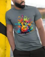 Groovy Guitar Tee Colorful Music Graphic Shirt - model in grey shirt leaning against column