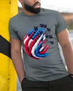 American Pride T-Shirt Fighter Jets Flag Tee - model in grey shirt leaning against column