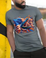 American Gator Tee Patriotic Alligator Flag T-Shirt - model in grey shirt leaning against column