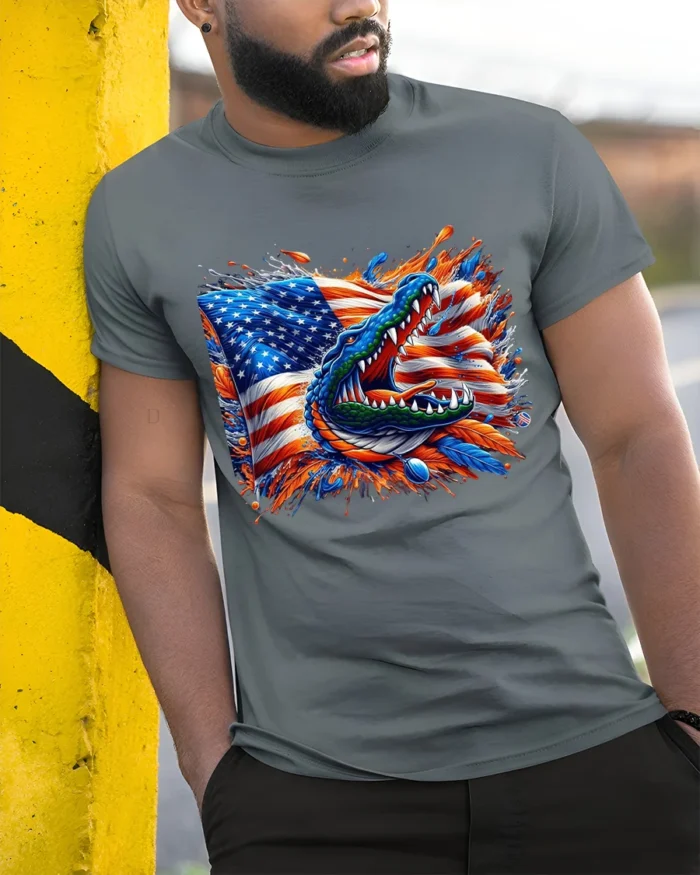American Gator Tee Patriotic Alligator Flag T-Shirt - model in grey shirt leaning against column