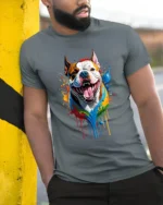 Colorful Bully Tee American Bully Dog Art T-Shirt - model in grey shirt leaning against column