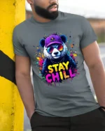 Stay Chill Panda T-Shirt Relaxed Bear Tee Now - model in grey shirt leaning against column