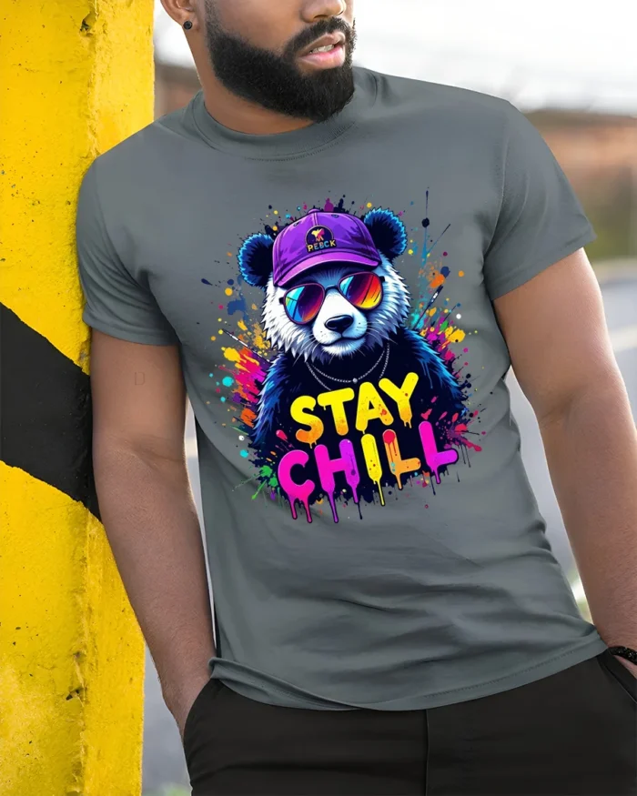Stay Chill Panda T-Shirt Relaxed Bear Tee Now - model in grey shirt leaning against column