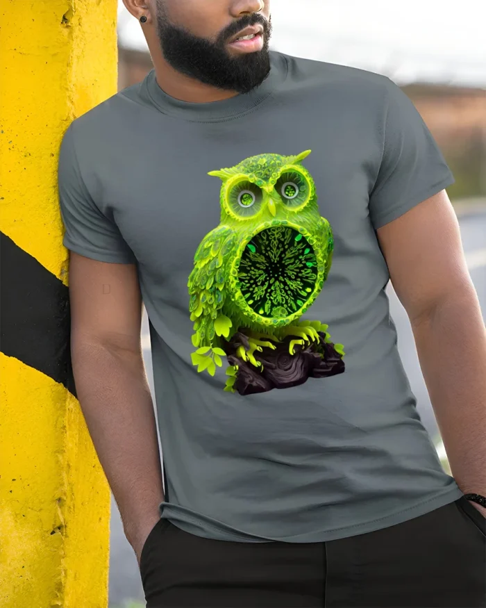 Electric Owl Vibrant Green Forest Bird Shirt - model in grey shirt leaning against column