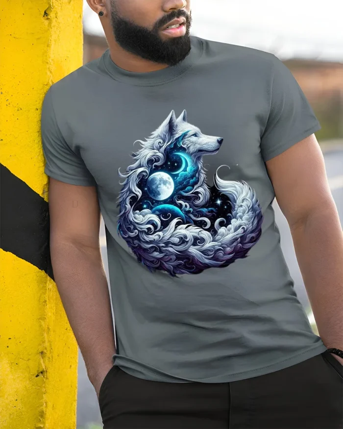 Moon Howl Wolf Cosmic Lunar Animal T-Shir - model in grey shirt leaning against column