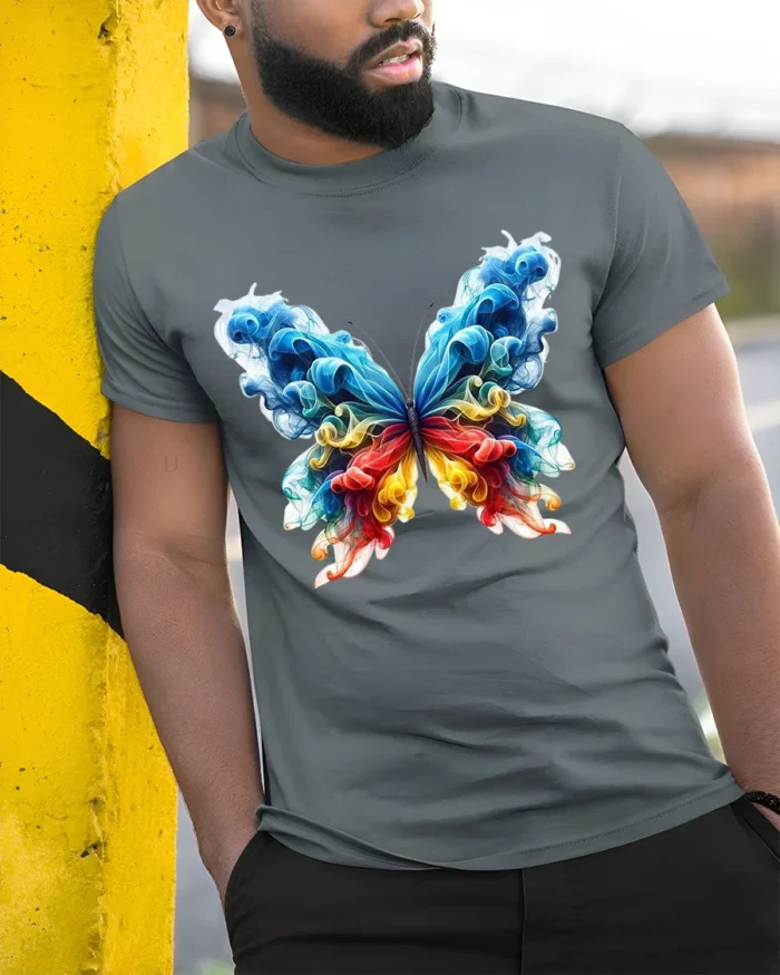 Smoke Butterfly Colorful Abstract Art T-Shirt - model in grey shirt leaning against column