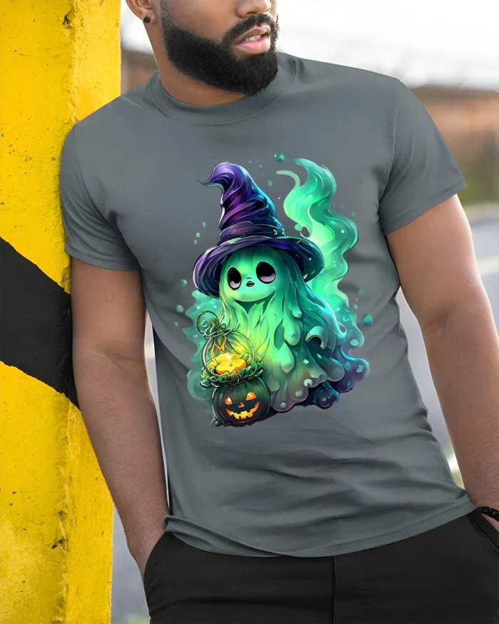 Cute Witch Ghost Funny Halloween Spirit T-Shirt - model in grey shirt leaning against column