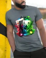 Ace Card Colorful Poker Hand T-Shirt Gif - model in grey shirt leaning against column
