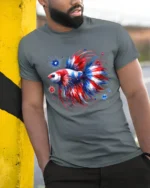 Red White Blue Fish T-Shirt American Betta Tee - model in grey shirt leaning against column