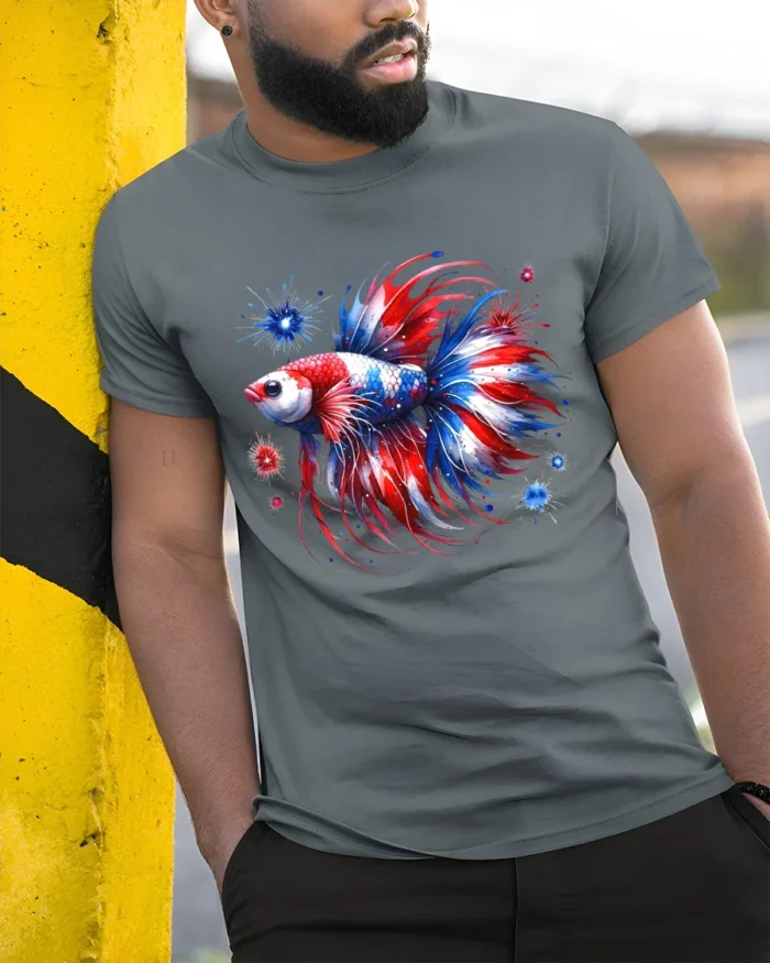 Red White Blue Fish T-Shirt American Betta Tee - model in grey shirt leaning against column