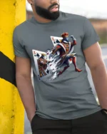 Breaking King Ace Card Poker T-Shirt Graphic - model in grey shirt leaning against column