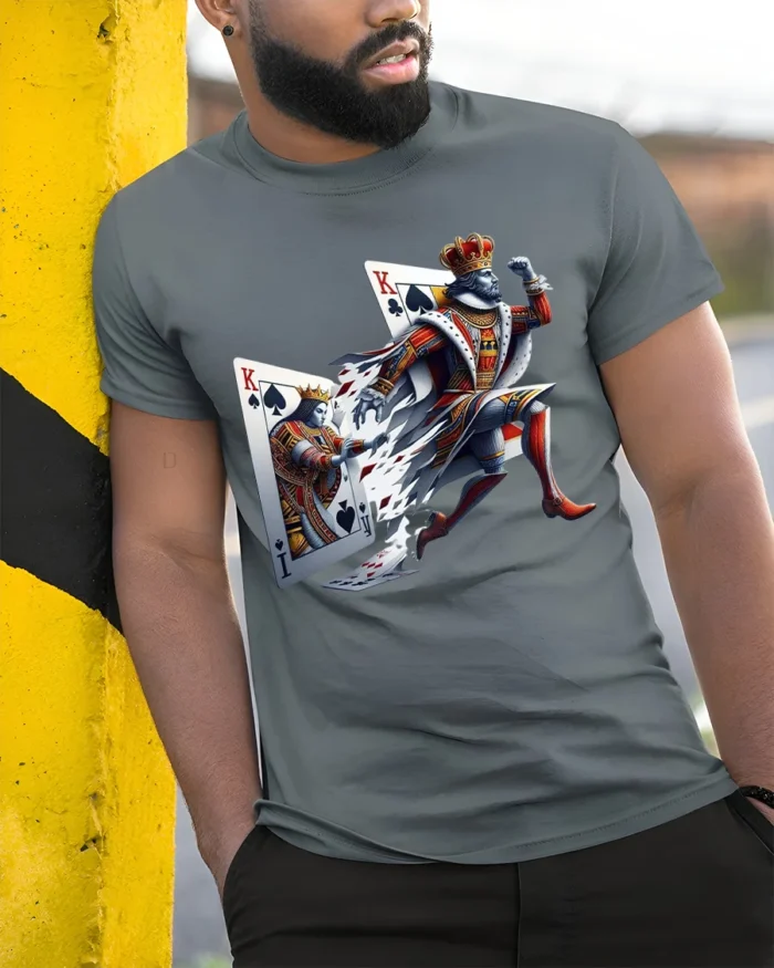 Breaking King Ace Card Poker T-Shirt Graphic - model in grey shirt leaning against column