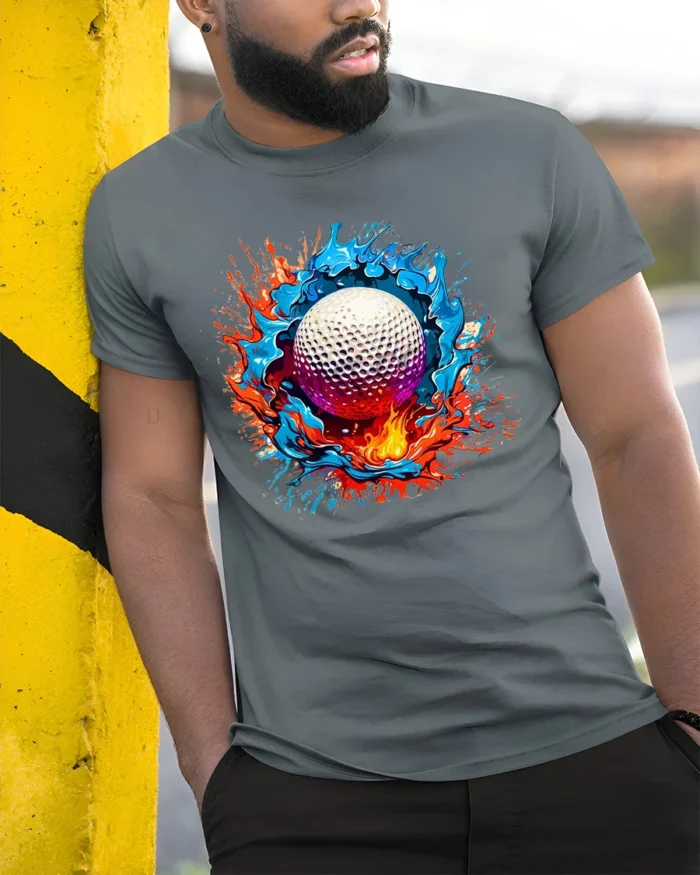 Splash Golf Colorful Golf Ball Graphic T-Shirt - model in grey shirt leaning against column