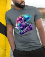 Cyber Squirrel Futuristic Animal Graphic T-Shirt - model in grey shirt leaning against column