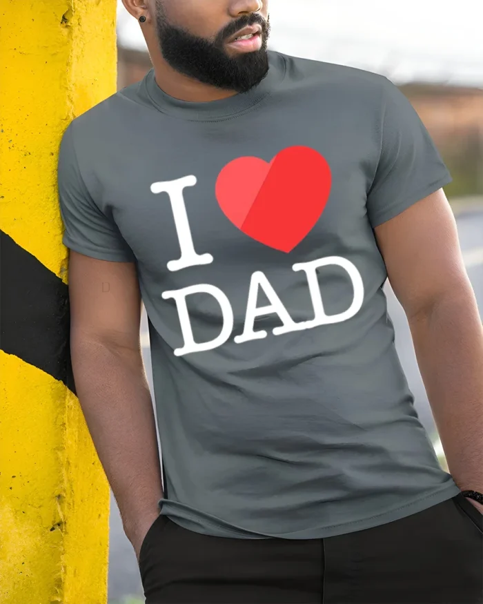 Love My Dad T-Shirt Heart Graphic Father Tee - model in grey shirt leaning against column