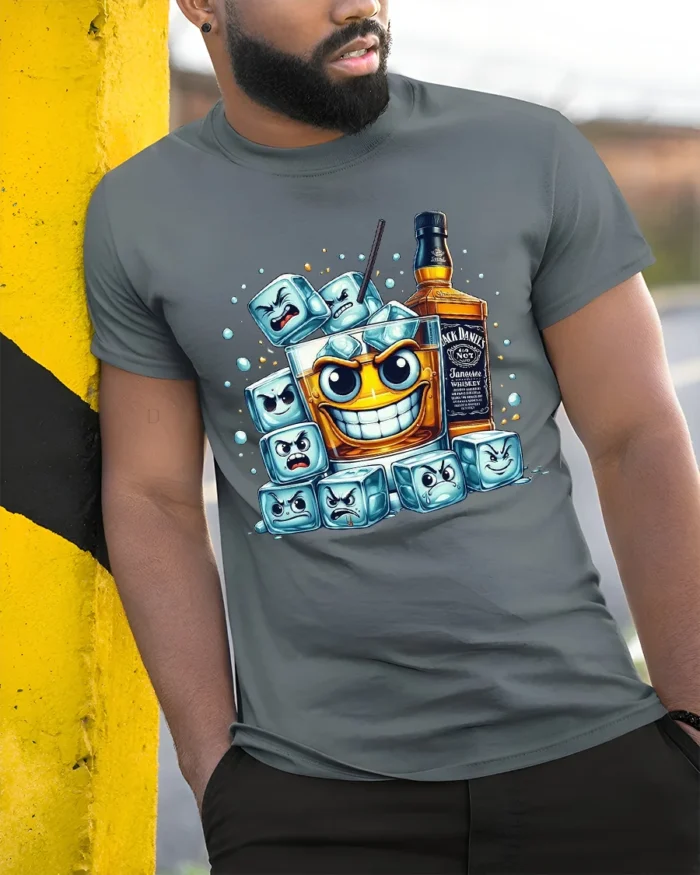 Whiskey Mood Funny Drink Ice Cube T-Shirt - model in grey shirt leaning against column