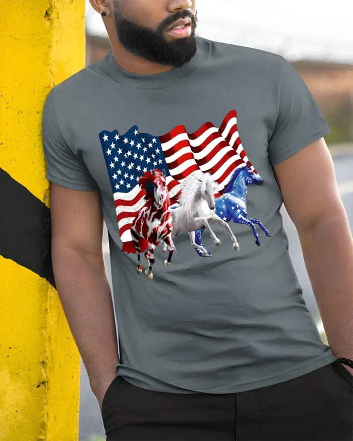 USA Flag Horses Patriotic American Pride T-Shirt - model in grey shirt leaning against column