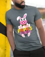 I’m Papa’s Bunny T-Shirt Funny Easter Dad Tee - model in grey shirt leaning against column