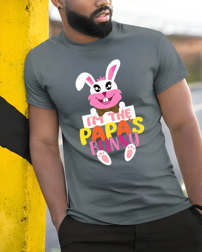 I’m Papa’s Bunny T-Shirt Funny Easter Dad Tee - model in grey shirt leaning against column