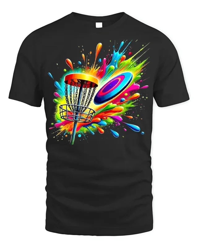 Color Splash Disc Golf T-Shirt Vibrant Flying Disc - black t-shirt on white background