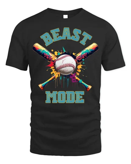 Beast Mode Baseball T-shirt with Colorful Bat Design - black t-shirt on white background