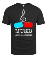 Music Is Medicine T-shirt with Pill and Treble Note Art - black t-shirt on white background