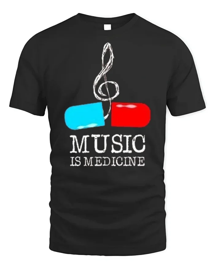Music Is Medicine T-shirt with Pill and Treble Note Art - black t-shirt on white background