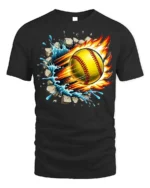 Fireball Softball T-shirt with Water Splash and Impact Art - black t-shirt on white background