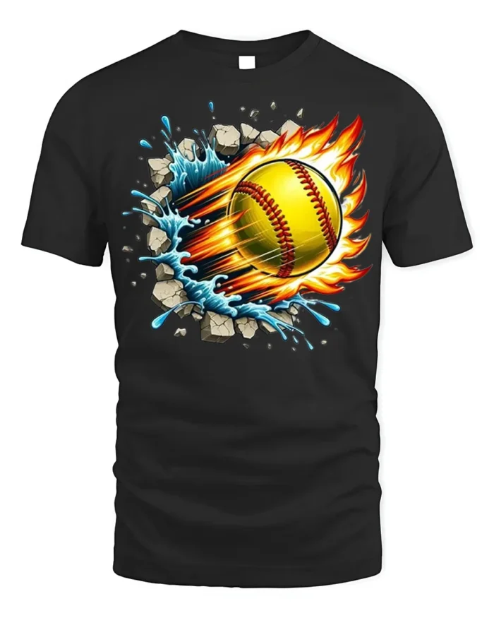 Fireball Softball T-shirt with Water Splash and Impact Art - black t-shirt on white background