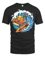 Skeleton Surfing Sunset T-shirt with Beach and Wave Art - black t-shirt on white background