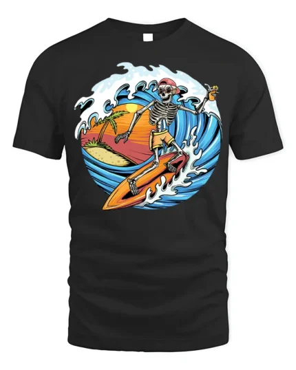 Skeleton Surfing Sunset T-shirt with Beach and Wave Art - black t-shirt on white background