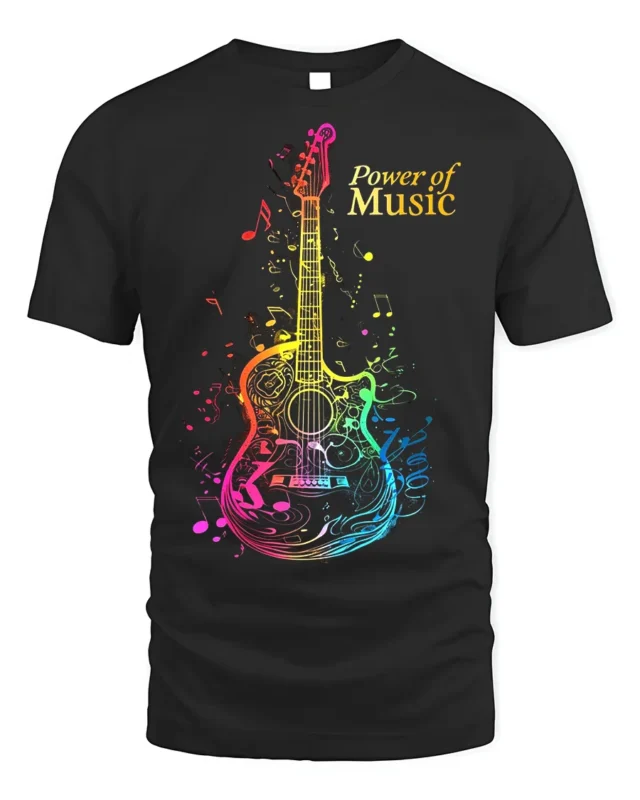 Power of Music Guitar T-shirt with Colorful Notes Art - black t-shirt on white background