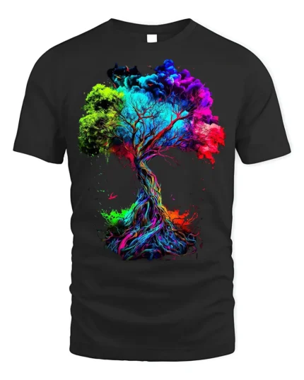 Colorful Tree of Life T-Shirt Abstract Vibrant Nature Art - black t-shirt on white background