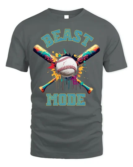 Beast Mode Baseball T-shirt with Colorful Bat Design - gray t-shirt on white background