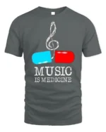 Music Is Medicine T-shirt with Pill and Treble Note Art - gray t-shirt on white background