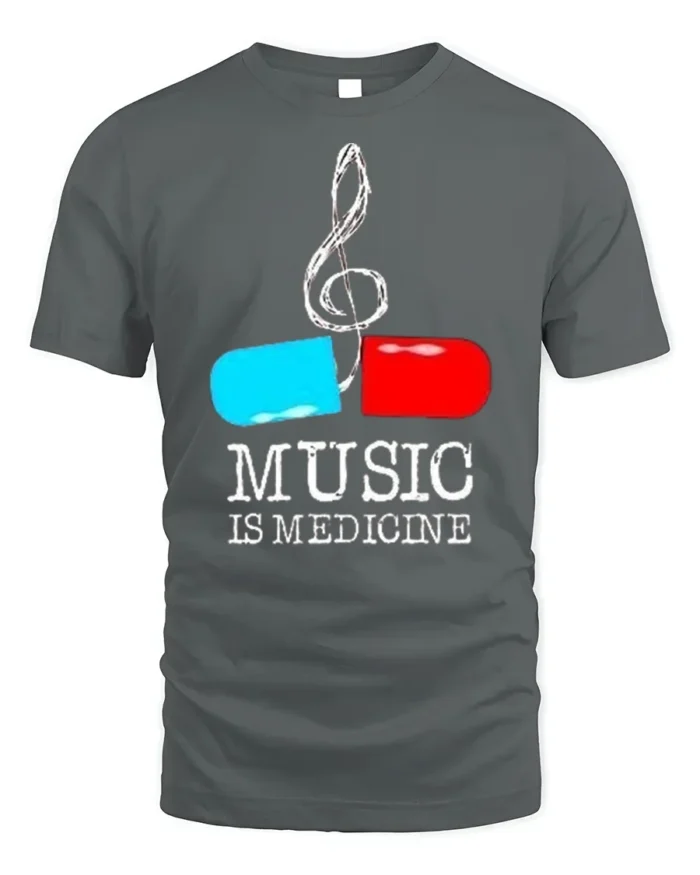 Music Is Medicine T-shirt with Pill and Treble Note Art - gray t-shirt on white background