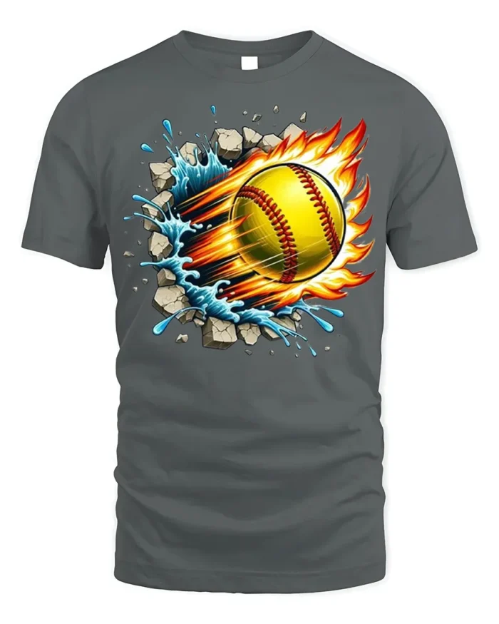 Fireball Softball T-shirt with Water Splash and Impact Art - gray t-shirt on white background