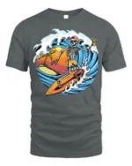 Skeleton Surfing Sunset T-shirt with Beach and Wave Art - gray t-shirt on white background