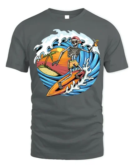 Skeleton Surfing Sunset T-shirt with Beach and Wave Art - gray t-shirt on white background