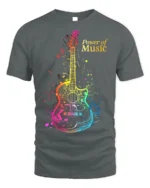 Power of Music Guitar T-shirt with Colorful Notes Art - gray t-shirt on white background