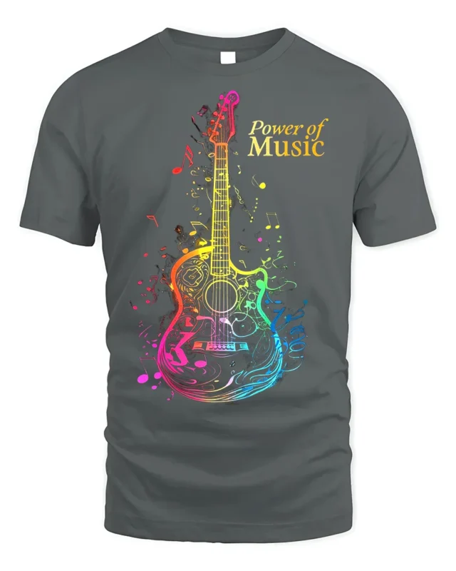 Power of Music Guitar T-shirt with Colorful Notes Art - gray t-shirt on white background