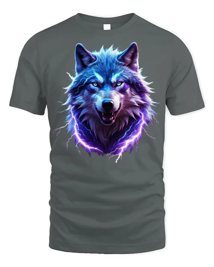 Electric Blue Wolf T-Shirt Fierce Lightning Animal - gray t-shirt on white background