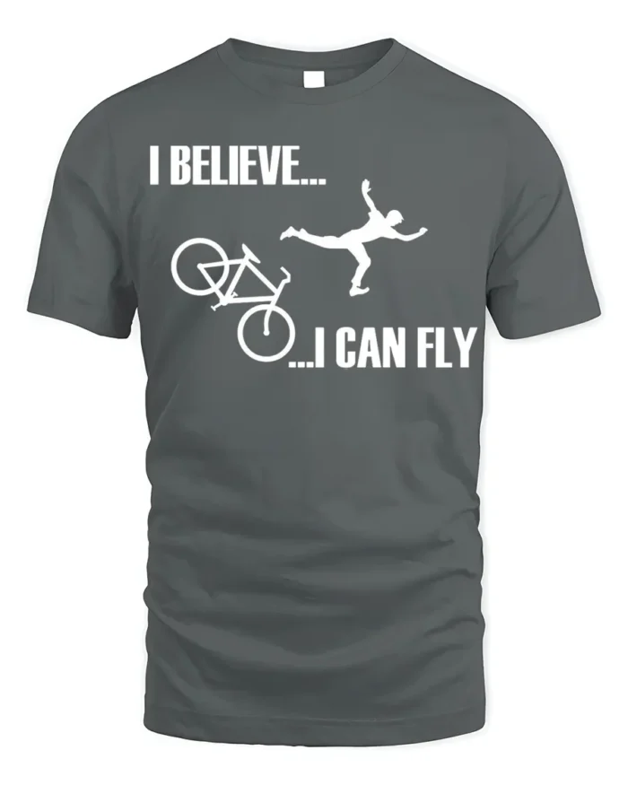 I Believe I Can Fly Funny Bike Crash T-Shirt for Cyclists - gray t-shirt on white background